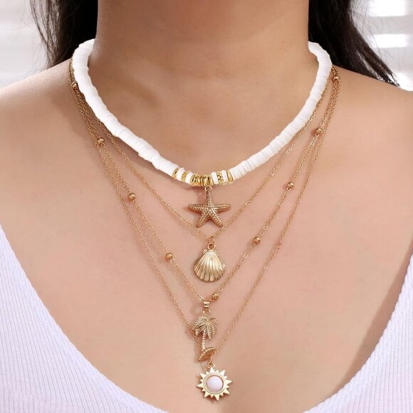 🆕 Women Gold Puka Shell Necklace Boho Layered Starfish Beaded Choker Jewelry - Picture 7 of 7
